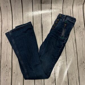 Pilcro and the Letterpress Dark Blue Flare Jeans high rise bootcut button fly